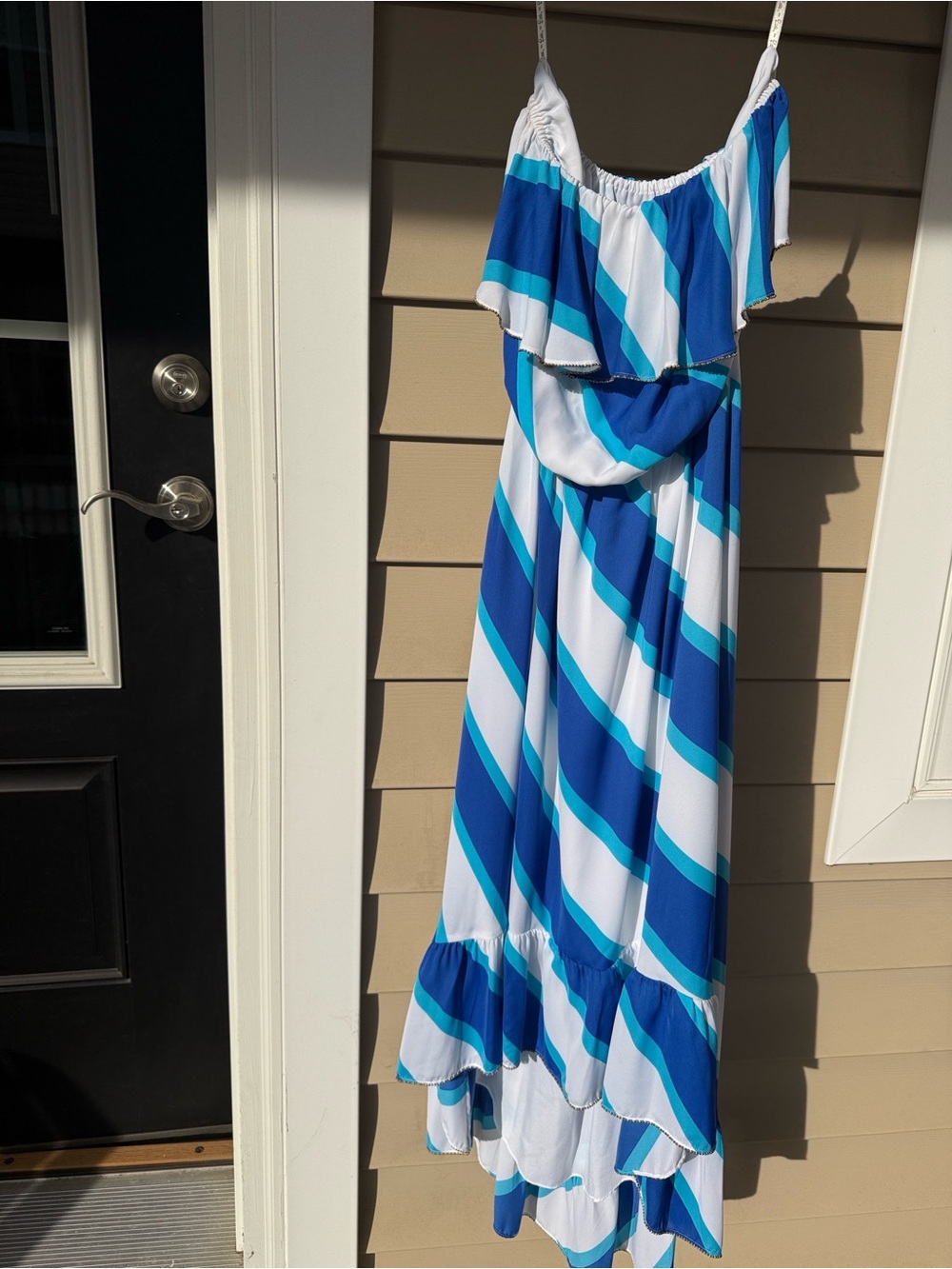Lilly Pulitzer Blue Striped Off Shoulder Maxi Ruffle Dress High Low Resort Wear